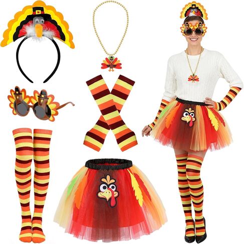 6pcs Turkey Costume Women Girls, Turkey Trot Gear with Turkey Tutu Glasses Socks, Thanksgiving Headbands Necklace in Saudi Arabia