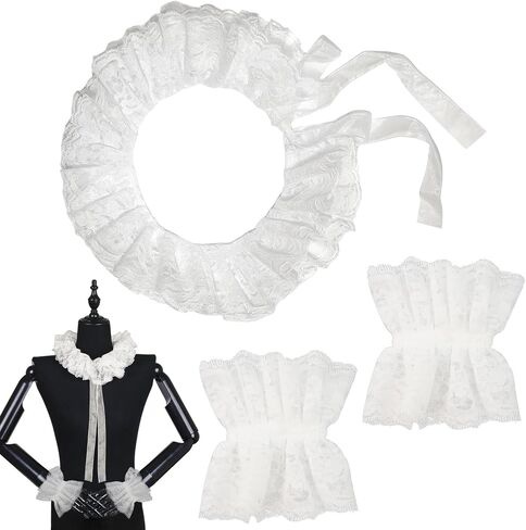 White Lace Neck Ruffle Collar and Wrist Cuff Sleeves Set, Vintage Detachable Clown Collar Costume Accessories for Women Men Halloween Cosplay Tea Party in Kuwait