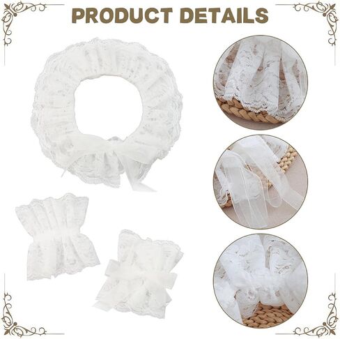 White Lace Neck Ruffle Collar and Wrist Cuff Sleeves Set, Vintage Detachable Clown Collar Costume Accessories for Women Men Halloween Cosplay Tea Party in Kuwait