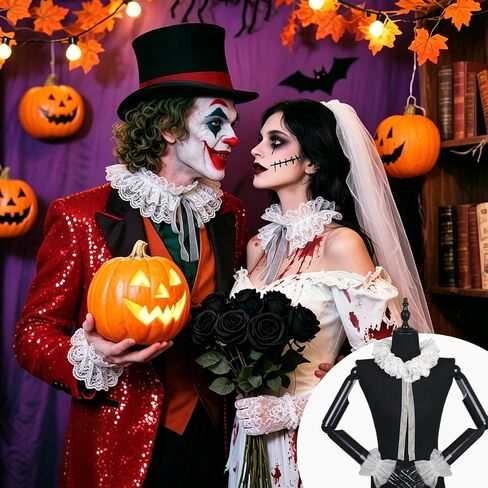 White Lace Neck Ruffle Collar and Wrist Cuff Sleeves Set, Vintage Detachable Clown Collar Costume Accessories for Women Men Halloween Cosplay Tea Party in Kuwait