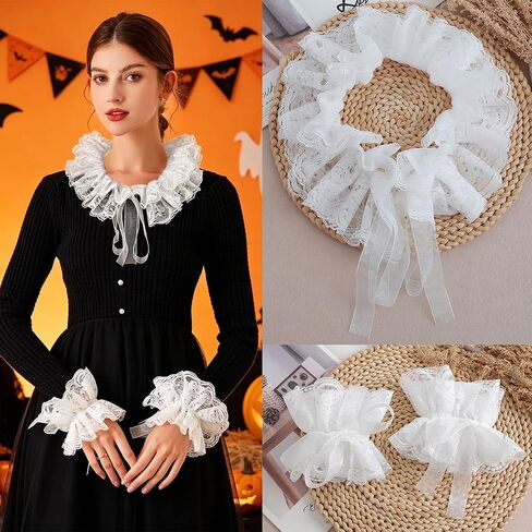 White Lace Neck Ruffle Collar and Wrist Cuff Sleeves Set, Vintage Detachable Clown Collar Costume Accessories for Women Men Halloween Cosplay Tea Party in Kuwait