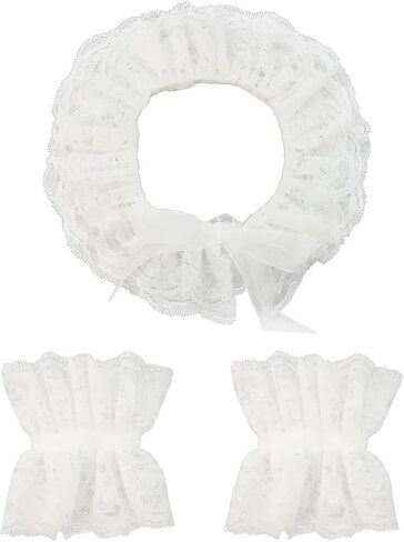 White Lace Neck Ruffle Collar and Wrist Cuff Sleeves Set, Vintage Detachable Clown Collar Costume Accessories for Women Men Halloween Cosplay Tea Party in Kuwait