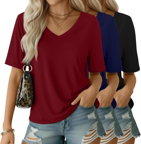 3 Pack Women's V Neck T Shirts Half Sleeve Summer Casual Tops Loose Straight Hem Basic Tees Trendy Outfits in Saudi Arabia
