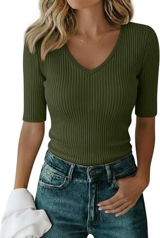 Womens Half Sleeve V Neck Tops Ribbed Knit Slim Fit Shirts Length Elbow Cotton T-Shirts Summer Basic Tee in Saudi Arabia