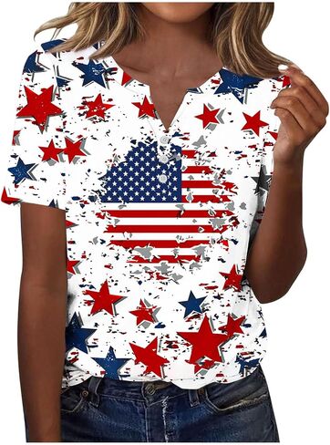 Patriotic Shirts for Women Short Sleeve Henley V Neck 250th T Shirts 4Th of July Tops USA Flag Star Stripe Tee Tops in Kuwait