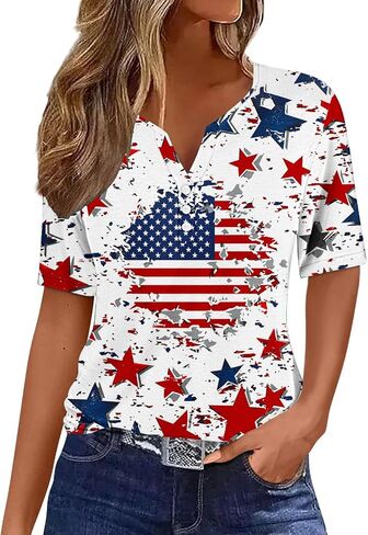 Patriotic Shirts for Women Short Sleeve Henley V Neck 250th T Shirts 4Th of July Tops USA Flag Star Stripe Tee Tops in Kuwait