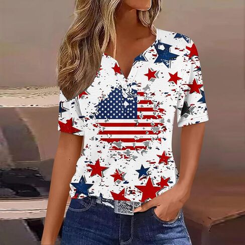 Patriotic Shirts for Women Short Sleeve Henley V Neck 250th T Shirts 4Th of July Tops USA Flag Star Stripe Tee Tops in Kuwait