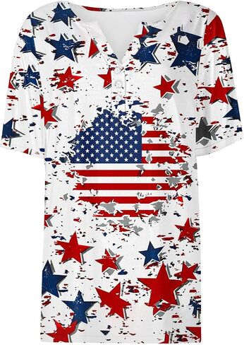 Patriotic Shirts for Women Short Sleeve Henley V Neck 250th T Shirts 4Th of July Tops USA Flag Star Stripe Tee Tops in Kuwait