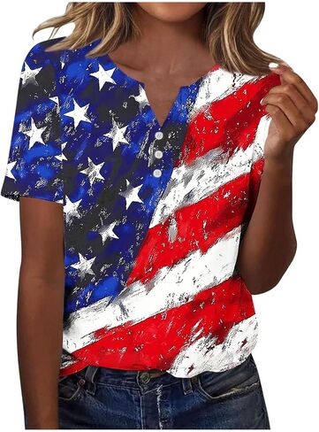 Patriotic Shirts for Women Short Sleeve Henley V Neck 250th T Shirts 4Th of July Tops USA Flag Star Stripe Tee Tops in Kuwait