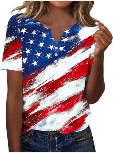 Patriotic Shirts for Women Short Sleeve Henley V Neck 250th T Shirts 4Th of July Tops USA Flag Star Stripe Tee Tops in Kuwait