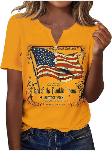 Patriotic Shirts for Women Short Sleeve Henley V Neck 250th T Shirts 4Th of July Tops USA Flag Star Stripe Tee Tops in Kuwait