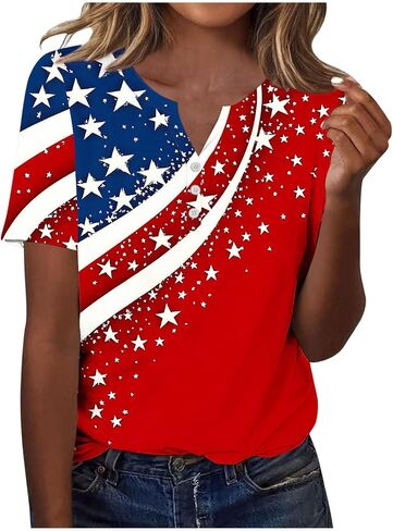 Patriotic Shirts for Women Short Sleeve Henley V Neck 250th T Shirts 4Th of July Tops USA Flag Star Stripe Tee Tops in Kuwait