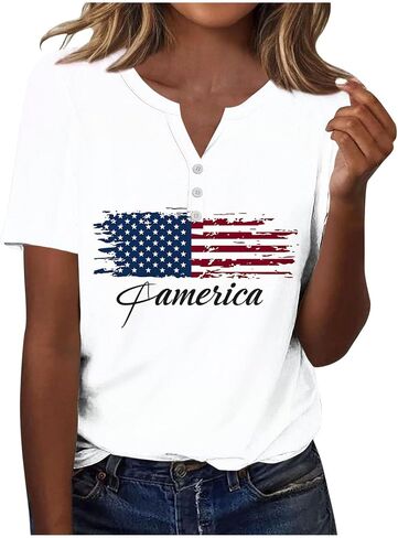 Patriotic Shirts for Women Short Sleeve Henley V Neck 250th T Shirts 4Th of July Tops USA Flag Star Stripe Tee Tops in Kuwait