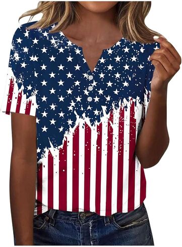 Patriotic Shirts for Women Short Sleeve Henley V Neck 250th T Shirts 4Th of July Tops USA Flag Star Stripe Tee Tops in Kuwait