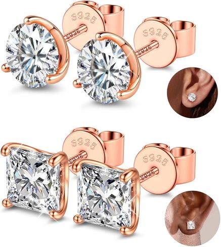2 Pairs "STUNNING FLAME" 925 Sterling Silver 18K Real Gold Plated Stud Earrings for Women Men 5A Brilliant Princess Cut Round Cubic Zirconia - Hypoallergenic Large CZ Studs Earring Set 8 CTW (2ct*4) in Saudi Arabia
