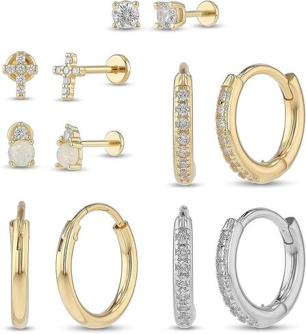 Waterproof Flat Back Earring Set 14K Yellow Gold Plated Brass Cubic Zirconia Stud Earrings for Women Cartilage Studs Huggie Hoops in Kuwait