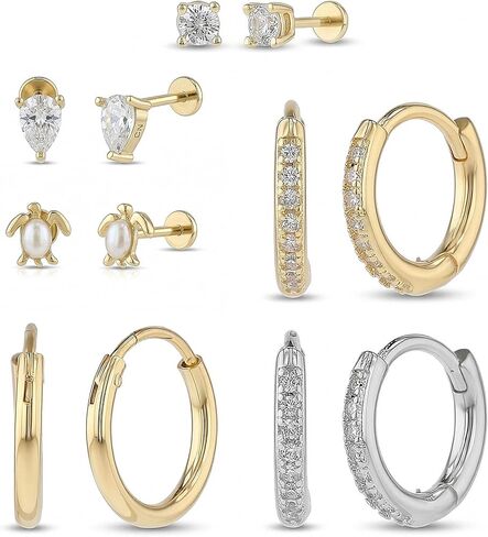 Waterproof Flat Back Earring Set 14K Yellow Gold Plated Brass Cubic Zirconia Stud Earrings for Women Cartilage Studs Huggie Hoops in Kuwait