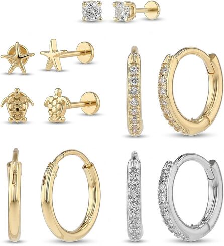 Waterproof Flat Back Earring Set 14K Yellow Gold Plated Brass Cubic Zirconia Stud Earrings for Women Cartilage Studs Huggie Hoops in Kuwait