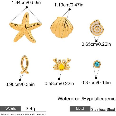 Stud Earrings for Women, 18K Gold Plated Starfish, Seashell, Crab & Conch Shell Flatback Hypoallergenic Earrings with Blue Stone in Kuwait