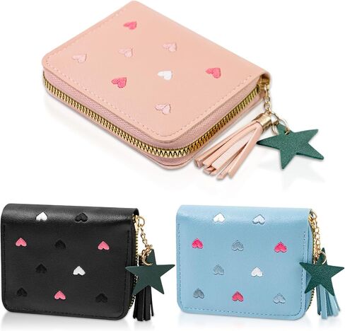 3 Pcs PU Leather Women Small Wallet with Zipper, Cute Slim Coin Purse with Star Pendant, Solid Color Wallet with Card Slots (Multicolor) in Kuwait
