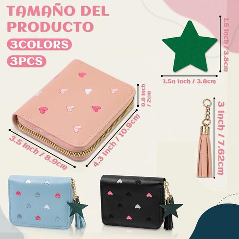 3 Pcs PU Leather Women Small Wallet with Zipper, Cute Slim Coin Purse with Star Pendant, Solid Color Wallet with Card Slots (Multicolor) in Kuwait