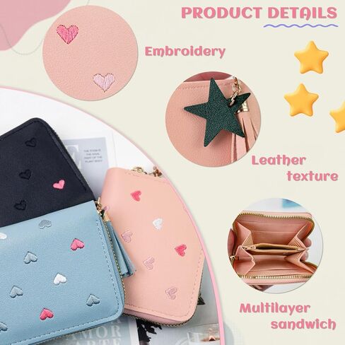 3 Pcs PU Leather Women Small Wallet with Zipper, Cute Slim Coin Purse with Star Pendant, Solid Color Wallet with Card Slots (Multicolor) in Kuwait