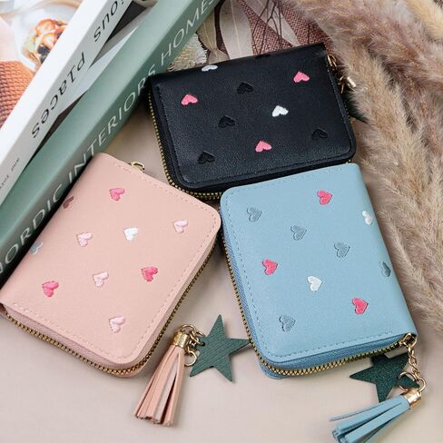 3 Pcs PU Leather Women Small Wallet with Zipper, Cute Slim Coin Purse with Star Pendant, Solid Color Wallet with Card Slots (Multicolor) in Kuwait