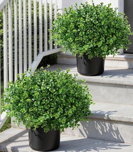 Fake Plants Artificial Plants Outdoor for Spring Summer Decor, 2 Pack Boxwood Fake Potted Plant Artificial Greenery Realistic UV Resistant Faux Outdoor Plant with Pot for Outside Porch Garden Patio in Saudi Arabia
