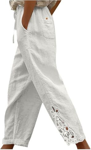 Women Capri Pants Summer 2026 Lace Embroidery Bottom Drawstring High Waist Linen Crop Trouser Beach Vacation Outfit in Kuwait