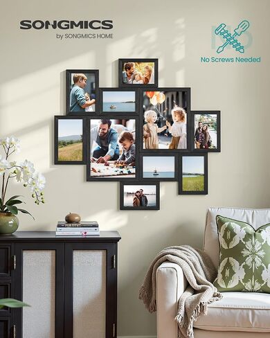إطارات صور SONGMICS، مجموعة إطارات صور مجمعة مكونة من 10، اثنان 8 × 10، أربعة 5 × 7، أربعة 4 × 6، عرض معرض الحائط، تجميع بدون أدوات، حبر أسود URPF100BZ01 in Kuwait