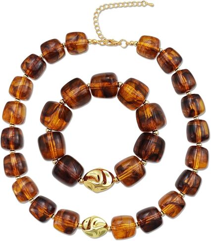 YBMYCM Summer Beach Colorful Chunky Necklaces for Women, Acrylic Beads Necklace Bracelet Jewelry Set Trendy Statement Big Colorful Resin Bead Choker for Women in Kuwait