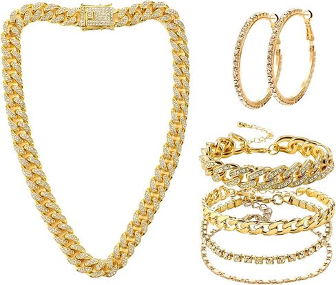 6 Pcs Silver Cuban Link Chain Set for Men Women with Necklace, Bracelet & Hoop Earrings for Party Prom Accessories in Saudi Arabia
