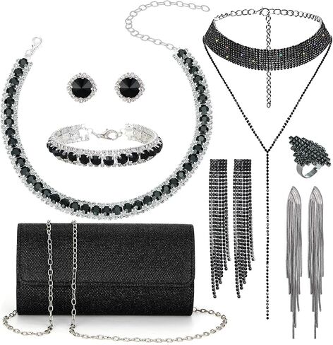 8 Pcs Bridal Jewelry Set - Shinning Delicate Purse with Necklace, Earrings And Bracelet - Sparkling Prom Jewelry for Women Bride Bridesmaids Weddings in Kuwait