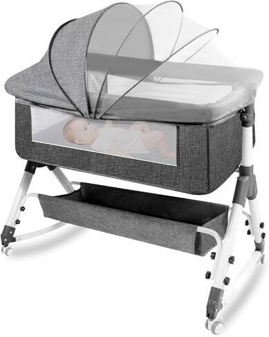 Baby Bassinet,Foldable Newborn Crib with Mosquito Net and Wanxiang Silent Wheel, Adjustable Height,Bassinet Bedside Sleeper (AB010011-1) in Kuwait