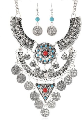 Vintage Ethnic Turquoise Engraved Coin Tassel Collar Bib Necklace Earring Statement Retro Jewelry Set for Women Oxidized Antique Bollywood Gypsy Tribal Boho Exaggerated Choker Bohemian Party Jewelry in Kuwait