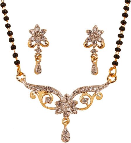 Touchstone Indian Bollywood Style Rhinestone Zirconia CZs Black Beads Symbolic Designer Jewelry Mangalsutra Set in Gold Or White Tone for Women. in Kuwait