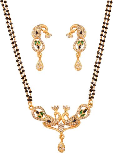 Touchstone Indian Bollywood Style Rhinestone Zirconia CZs Black Beads Symbolic Designer Jewelry Mangalsutra Set in Gold Or White Tone for Women. in Kuwait