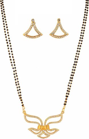 Touchstone Indian Bollywood Style Rhinestone Zirconia CZs Black Beads Symbolic Designer Jewelry Mangalsutra Set in Gold Or White Tone for Women. in Kuwait