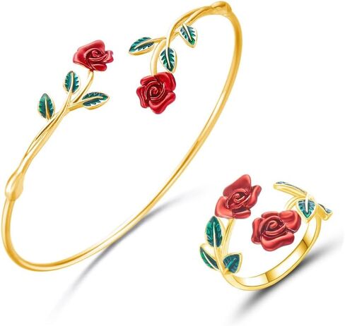 Rose Flower Jewelry Set Red Rose Floral Open Adjustable Bracelet Ring for Women Gold Armband Upper Cuff Bangle Bracelet Trendy Knuckle Finger Stacking Ring Flower Promise Jewelry Dainty Elegant Jewelry Gifts in Kuwait