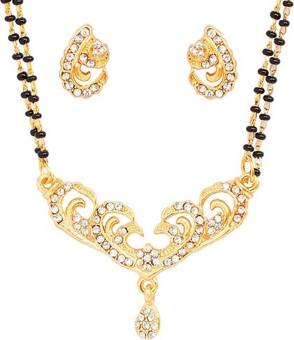 Touchstone Indian Bollywood Style Rhinestone Zirconia CZs Black Beads Symbolic Designer Jewelry Mangalsutra Set in Gold Or White Tone for Women. in Kuwait