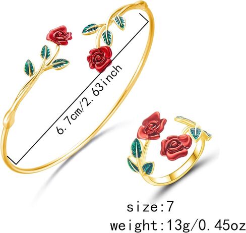 Rose Flower Jewelry Set Red Rose Floral Open Adjustable Bracelet Ring for Women Gold Armband Upper Cuff Bangle Bracelet Trendy Knuckle Finger Stacking Ring Flower Promise Jewelry Dainty Elegant Jewelry Gifts in Kuwait