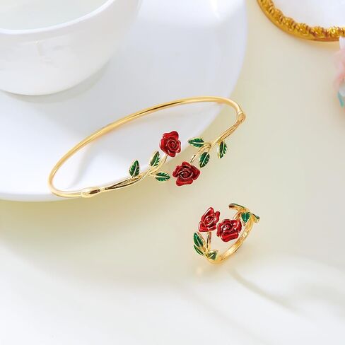 Rose Flower Jewelry Set Red Rose Floral Open Adjustable Bracelet Ring for Women Gold Armband Upper Cuff Bangle Bracelet Trendy Knuckle Finger Stacking Ring Flower Promise Jewelry Dainty Elegant Jewelry Gifts in Kuwait