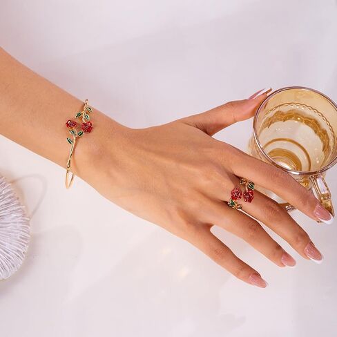 Rose Flower Jewelry Set Red Rose Floral Open Adjustable Bracelet Ring for Women Gold Armband Upper Cuff Bangle Bracelet Trendy Knuckle Finger Stacking Ring Flower Promise Jewelry Dainty Elegant Jewelry Gifts in Kuwait