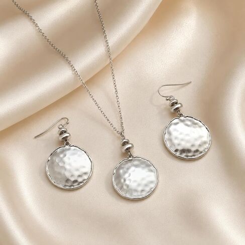 Hammered Round Disc Necklace and Earring Set for Women, Silver Chunky Pendant Necklaces Drop Dangle Earrings Geometric Statement Lightweight Trendy Boho Vintage Jewelry Gift in Saudi Arabia