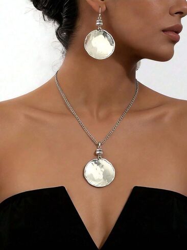 Hammered Round Disc Necklace and Earring Set for Women, Silver Chunky Pendant Necklaces Drop Dangle Earrings Geometric Statement Lightweight Trendy Boho Vintage Jewelry Gift in Saudi Arabia