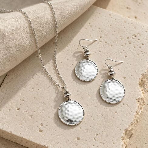 Hammered Round Disc Necklace and Earring Set for Women, Silver Chunky Pendant Necklaces Drop Dangle Earrings Geometric Statement Lightweight Trendy Boho Vintage Jewelry Gift in Saudi Arabia