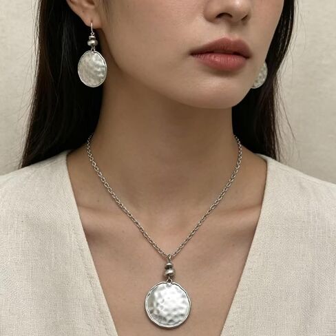 Hammered Round Disc Necklace and Earring Set for Women, Silver Chunky Pendant Necklaces Drop Dangle Earrings Geometric Statement Lightweight Trendy Boho Vintage Jewelry Gift in Saudi Arabia