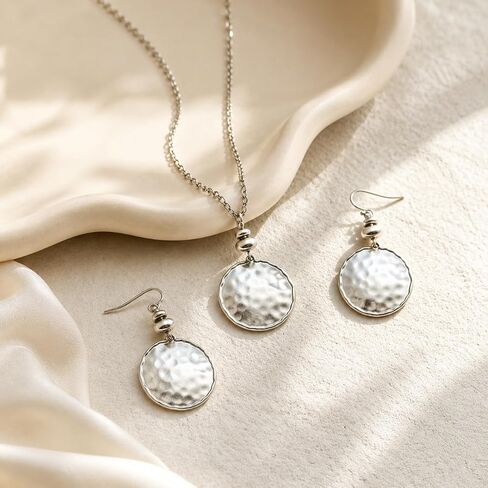 Hammered Round Disc Necklace and Earring Set for Women, Silver Chunky Pendant Necklaces Drop Dangle Earrings Geometric Statement Lightweight Trendy Boho Vintage Jewelry Gift in Saudi Arabia
