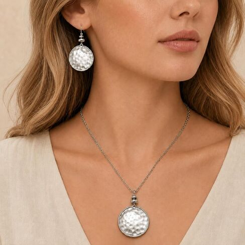Hammered Round Disc Necklace and Earring Set for Women, Silver Chunky Pendant Necklaces Drop Dangle Earrings Geometric Statement Lightweight Trendy Boho Vintage Jewelry Gift in Saudi Arabia