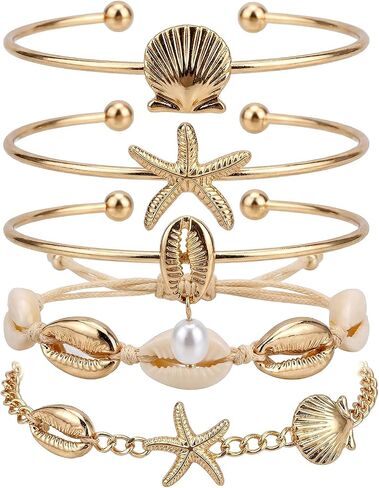 Mikovivi 5pcs Summer Beach Bracelet Set for Women, Summer Beach Seashell Starfish Pearl Seaside Jewelry for Holiday Vacation Gift in Kuwait